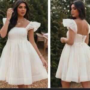 Mable Tulle Mini Babydoll Dress Flutter Sleeve Ivory White Size Medium